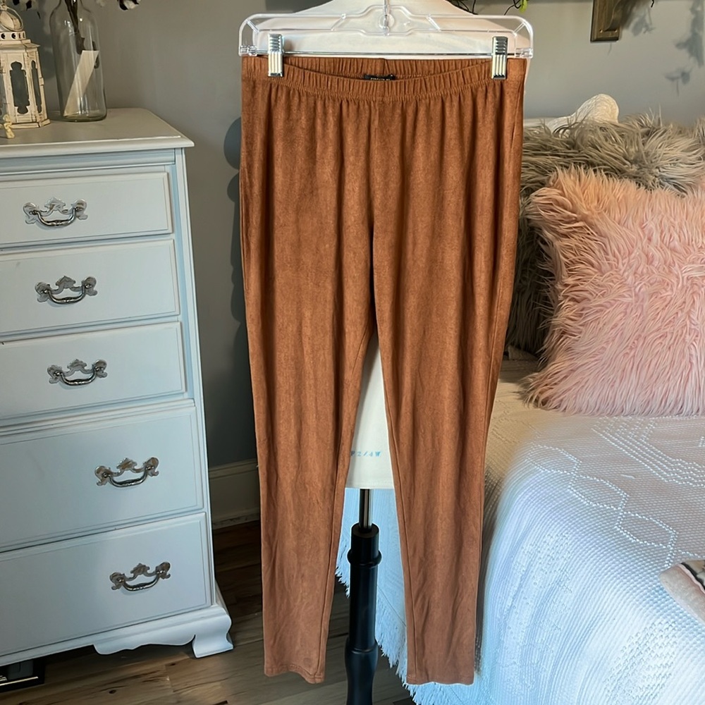 Brown Pants Pull On Faux Suede Leggings Comfy Womens Medium